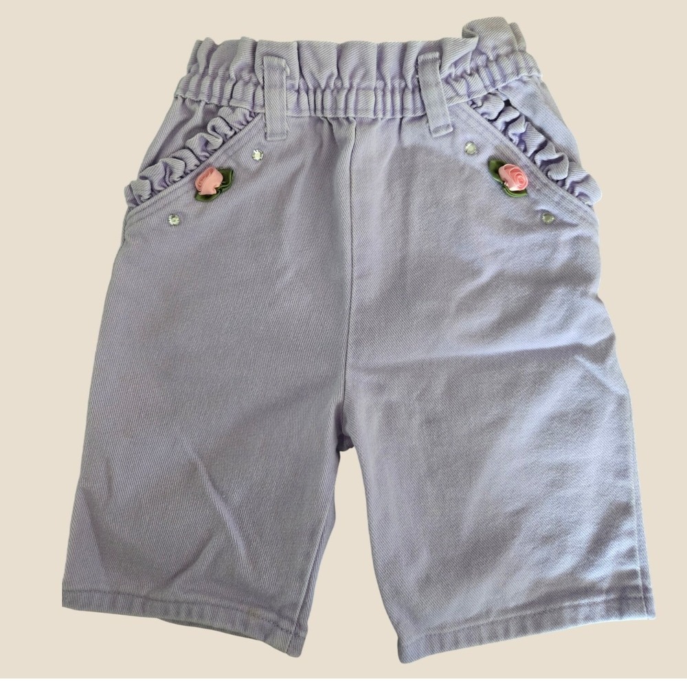 Vintage Sparkle Kids Lavender Purple Denim Shorts Ruffle Rose Rhinestone Size 4